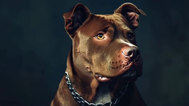 big brown strong pitbull with chain on neck on dark background
