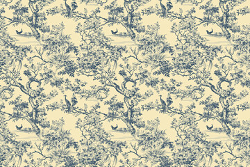 Floral Toile tapestry pattern. Vintage Japanese botanical wallpaper pattern. Background image. Created with Generative AI technology