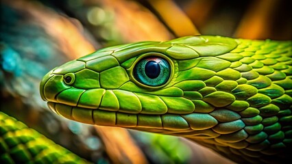 Green Mamba Snake Close-Up: Architectural Photography Style, Intense Gaze, Emerald Scales, Reptilian Eye