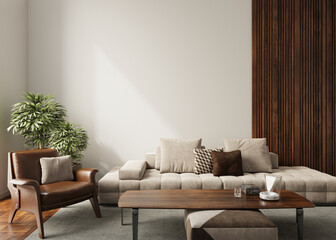 Wall Mockup Mid Century Modern Living Room with Neutral Beige Sofa Leather Armchair Wooden Coffee Table and Decorative Wall Paneling