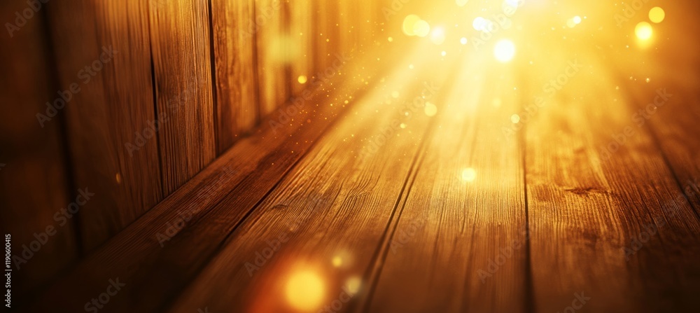 Poster rustic warmth glowing empty wooden tabletop with soft bokeh, background for product placement