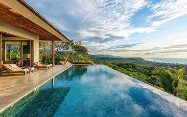 Fototapeta premium A contemporary villa with an infinity pool, overlooking a breathtaking coastal landscape