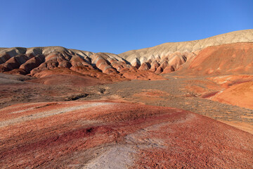 Beautiful red mountains in the Khizy region.