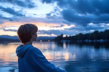 Fototapeta premium Boy Watching Sunset over Lake