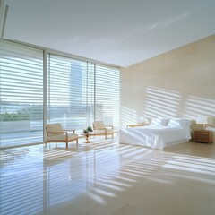 A spacious bedroom with aligned furniture, light streaming through creating intricate shadow play