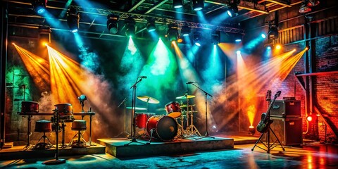 Grunge Music Background: Dark Stage, Neon Lights, Vintage Instruments
