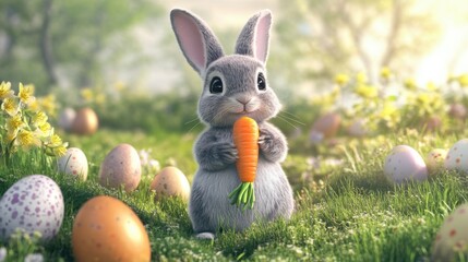 Adorable Bunny Holding a Carrot Surrounded by Eggs