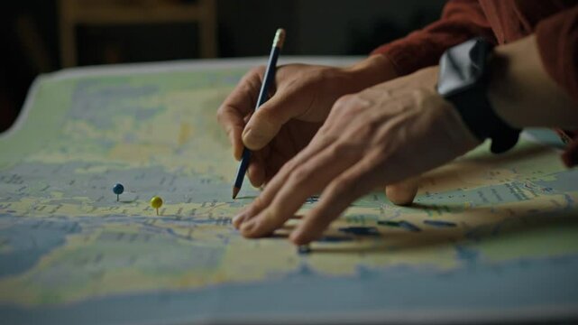 A person uses a blue pen to mark locations on a large road map spread out on a table. Color-coded pins indicate planned stops, illustrating careful trip preparation
