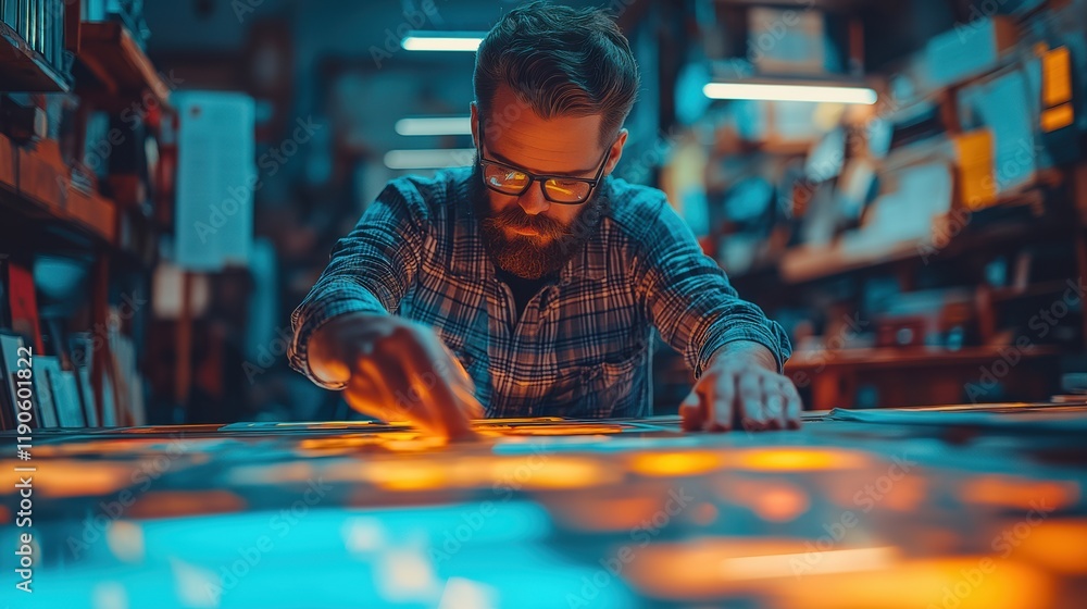 Poster futuristic workspace featuring an ai design assistant projecting vibrant patterns onto a smart desk 