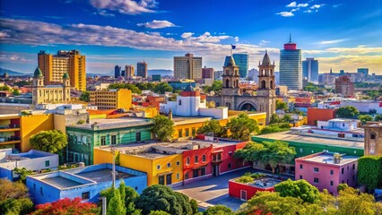 Guadalajara Mexico City Skyline: Vibrant Buildings, Blue Sky, Copy Space - Stock Photo