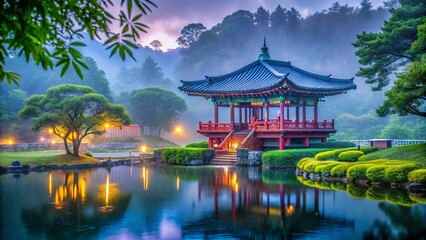 Obraz premium Gwanghallu Pavilion, Namwon, South Korea - Rainy Day Scenery, July 2020