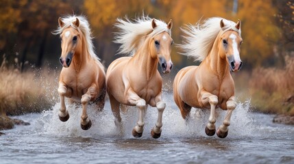 Obraz premium Three palomino horses gallop autumn stream