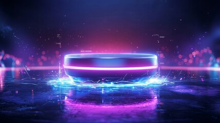 Futuristic gaming console ad, sleek console on glowing pedestal, neon light accents, spacious overlay for release details, high-tech and eye-catching