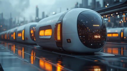 Futuristic High-Speed Transportation Pods in a Sleek Cityscape