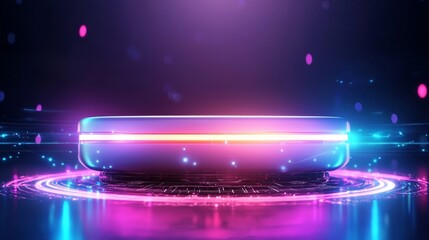 Obraz premium Futuristic gaming console ad, sleek console on glowing pedestal, neon light accents, spacious overlay for release details, high-tech and eye-catching
