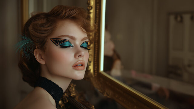 Professionelles Beauty-Portrait einer jungen Frau mit makellosem Haute-Couture-Make-up. Nahaufnahme zeigt perfekte Haut und kunstvolle Lidschatten-Technik