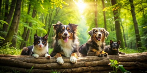 Obraz premium Happy Australian Shepherd, Black Cat, and Dogs Relaxing on Log - Aerial View