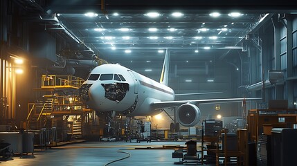 Fototapeta premium Airplane undergoing maintenance in a hangar