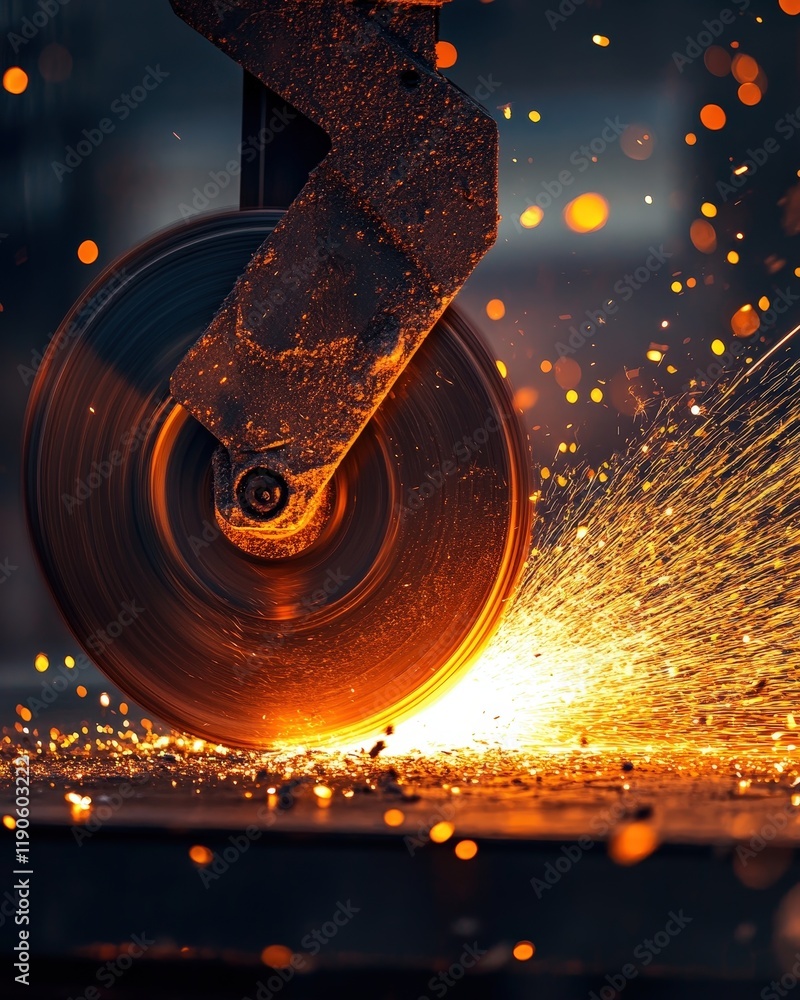 Poster a dynamic image of a circular saw in action, with glowing sparks and motion blur