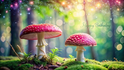 Happy Birthday Fly Agaric Mushrooms: Whimsical Festive Fungi Stock Photo