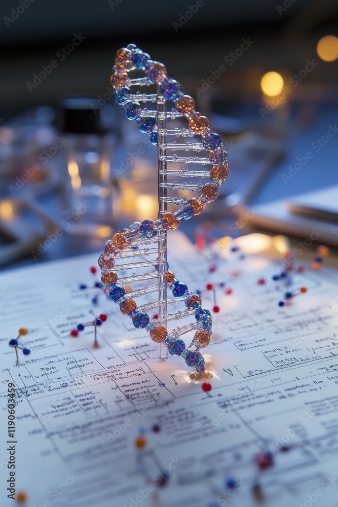 Poster a dynamic image of a close-up of a dna model, surrounded by lab notes and molecular diagrams