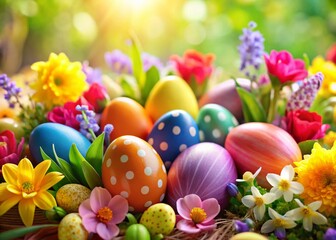 Fototapeta premium Happy Easter! Colorful Eggs & Spring Flowers Festive Background