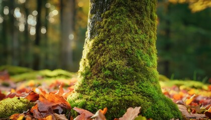 Obraz premium Moss growing on tree trunk in autumn forest
