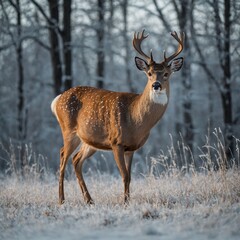Fototapeta premium A white-tailed deer gracefully stepping on a frosty white meadow.