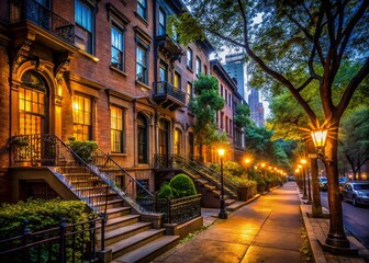 Fototapeta premium Brooklyn Heights Night, Low Light Residential Street, NYC