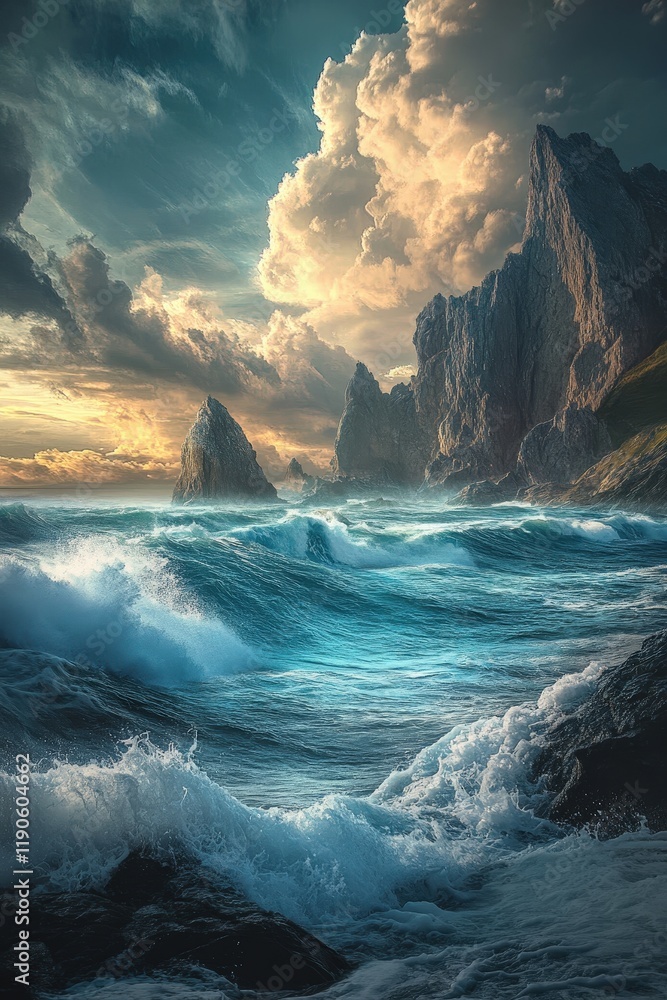 Poster a dynamic image of a deserted island with rugged cliffs and crashing waves under a dramatic sky