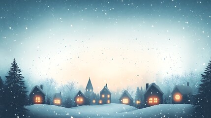 Snowfall over minimalist silhouette of a snowy village with glowing windows and a soft gradient background transitioning from white to pale blue