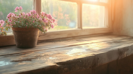 A rustic wooden window sill decorated with pink flowers in an old country house, illuminated by soft morning light filtering through the glass panes. The close-up composition evokes a cozy, inviting a