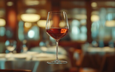 Fototapeta premium A glass of red wine hovering gracefully in mid-air, set against a blurred fine-dining restaurant background