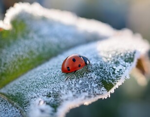 Ladybug walking on a frozen leaf in winter morning