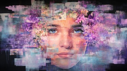 Abstract portrait painting of a face with floral accents and geometric shapes over a dark background