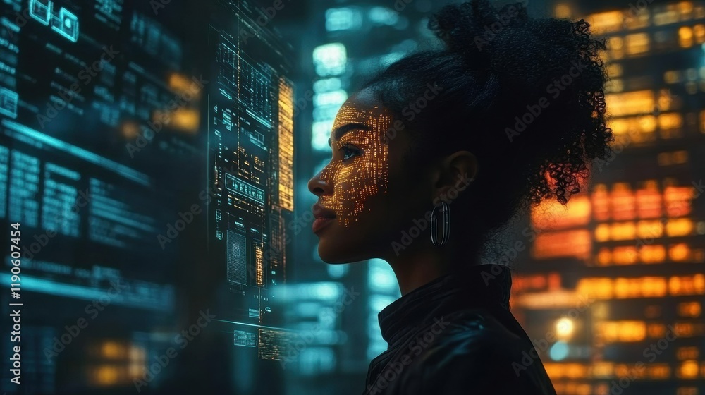 Poster woman analyzing data on futuristic holographic interface. advanced technology, digital innovation, a