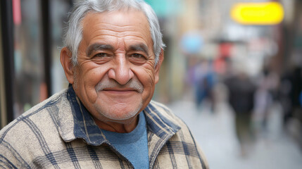 Mediterranean elderly man with friendly smile in urban setting. Ideal for active aging campaigns, retirement planning, or community programs.
