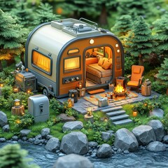 [Tailgate Party tents outdoor] Cozy Camping Trailer Scene with Solar Panel & Campfire in Nature Forest Setting