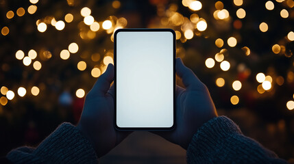 Man's hands holding digital tablet with white screen