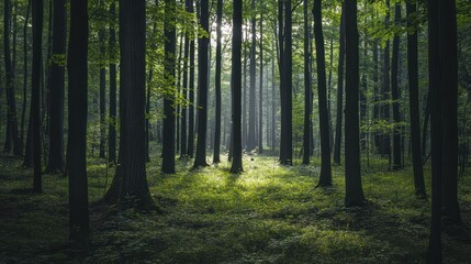 Fototapeta premium Sunlight filters through a dense forest with tall trees casting long shadows on the forest floor
