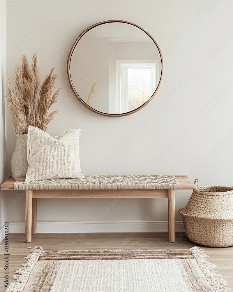Poster a dynamic image of a minimalist entryway with a simple bench, a round mirror, and a woven basket for
