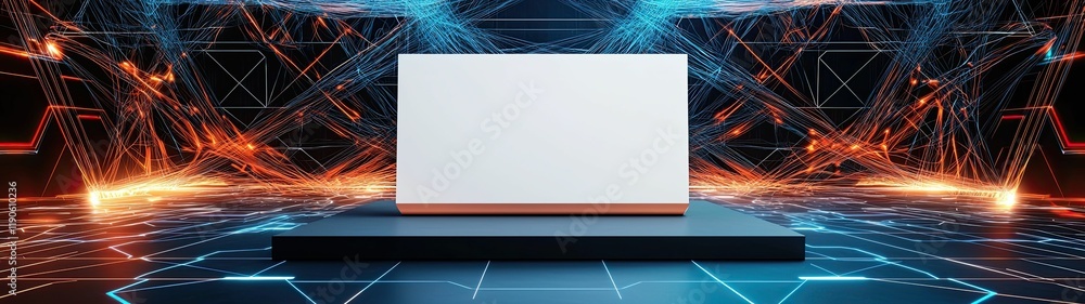 Poster a modern, minimalistic display podium against a vibrant, tech-inspired background featuring glowing 