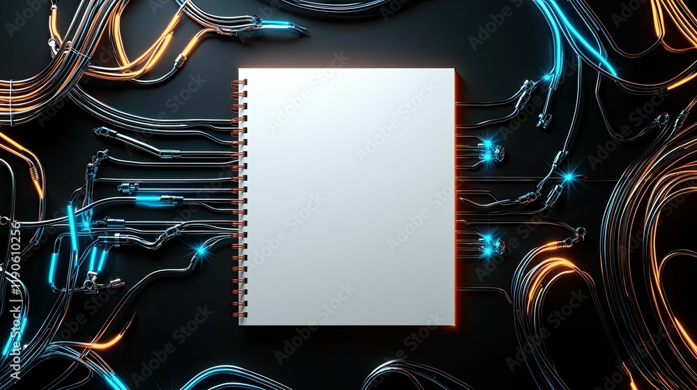 Aufkleber a blank notebook is surrounded by glowing cables, creating a modern, tech-inspired setting that invi