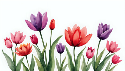Fototapeta premium Delicate Watercolor Tulips in Purple and Pink Tones with White Background