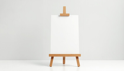 Blank canvas on wooden easel against light grey background
