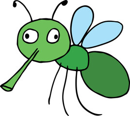 funny flying green mosquito with a proboscis with eyes looking in different directions