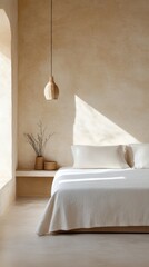 A serene bedroom with symmetrical decor and warm lighting casting soft shadows over the textured walls