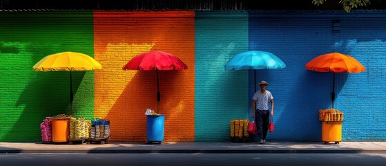 [Artistic rainbow umbrella photo concept] Vibrant Rainbow Umbrella Wall Backdrop Digital Art Outdoor Scene with Person