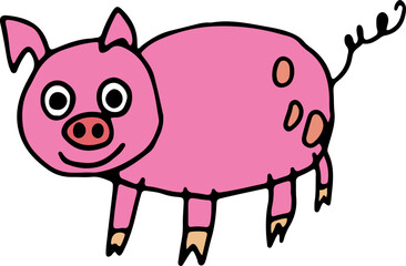 happy little pink pig with spots on butt standing and looking at camera