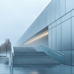 Fototapeta premium [Modernist office building with glass walls under cloudy weather] Minimalist Modern Office Building Architecture with Reflective Glass Walls Under Foggy Overcast Sky